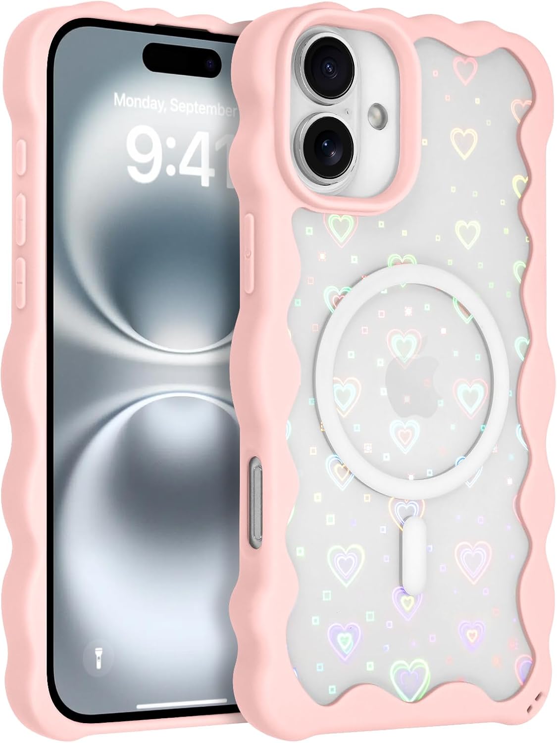 AIGOMARA for iPhone 16 Plus Case, Compatible with MagSafe, Distinct Cute Love Heart Pattern Design for Women Girl Wavy Edge Clear Back Soft TPU Bumper Shockproof Phone Cover Pink Pink for iphone 16 plus