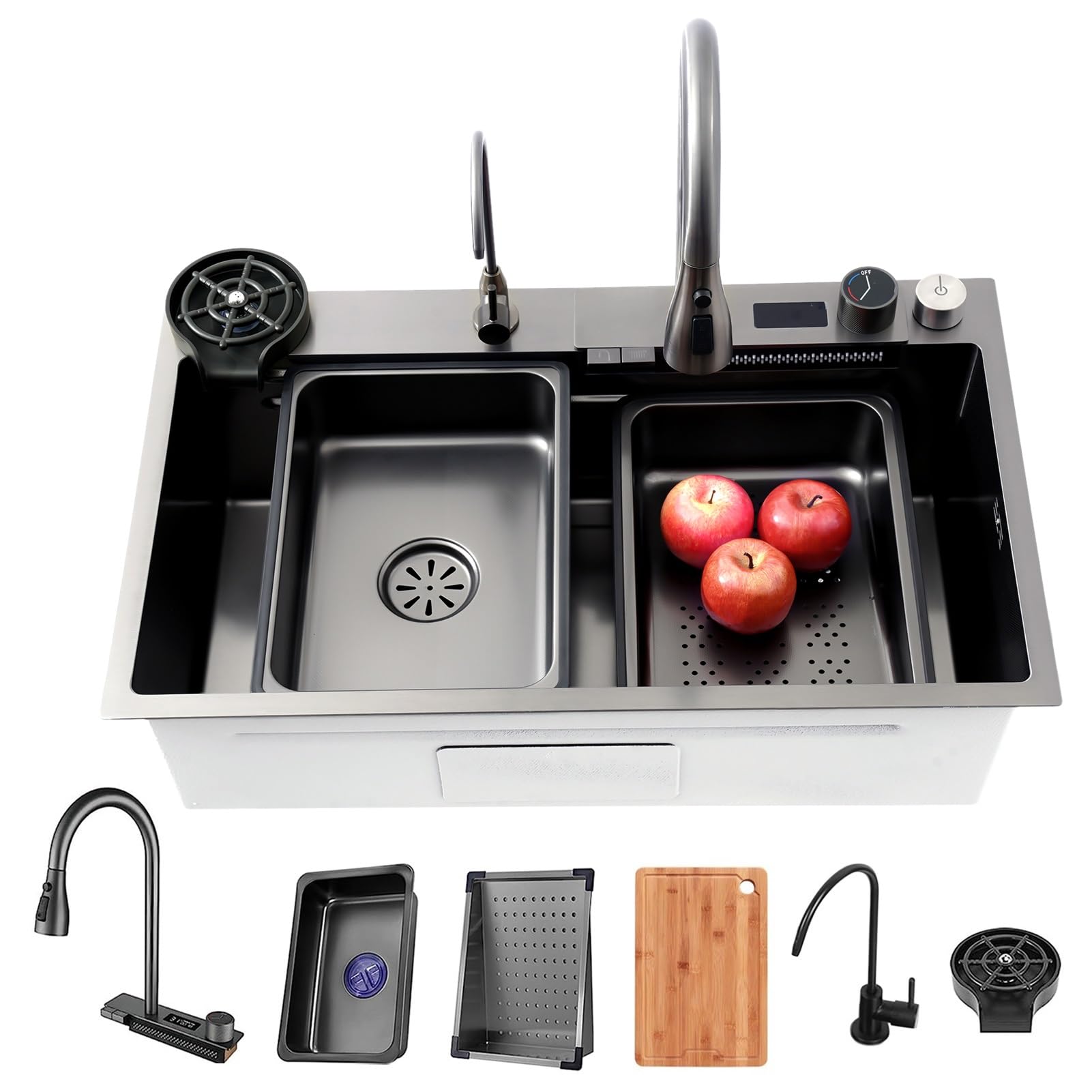 ZQFHSX Black Gray Kitchen Bar Sink, With LED Display, Waterfall Faucet, Cup Washer, Drinking Tap, Drain Kits, 304 Stainless Steel Large For Drop In & Undermount (Size : 68x46x22cm)