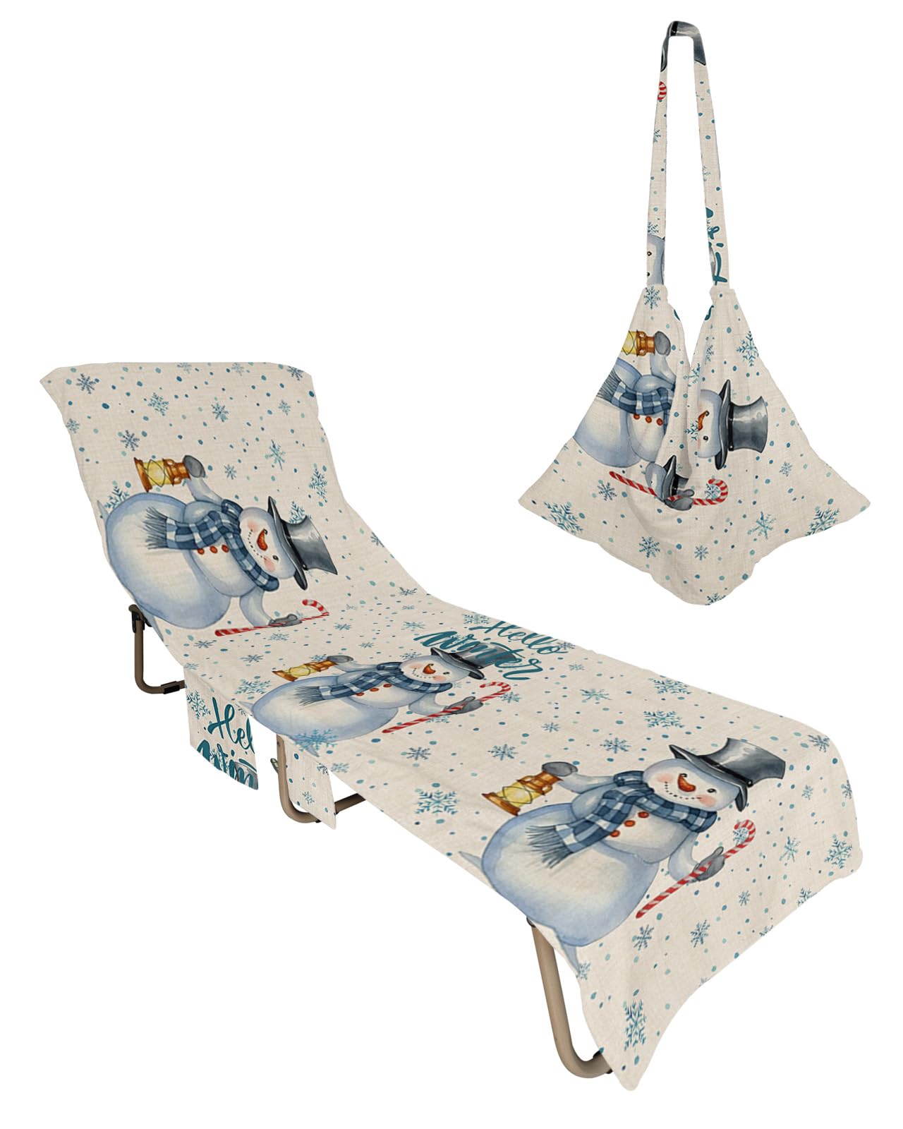 Christmas Beach Chair Towel Covers for Chaise Lounge with Side Pocket, Soft Plush Pool Towels Cover for Patio Sunbathing Outdoor 29''x85'' Winter Snowman Snowflake Watercolor