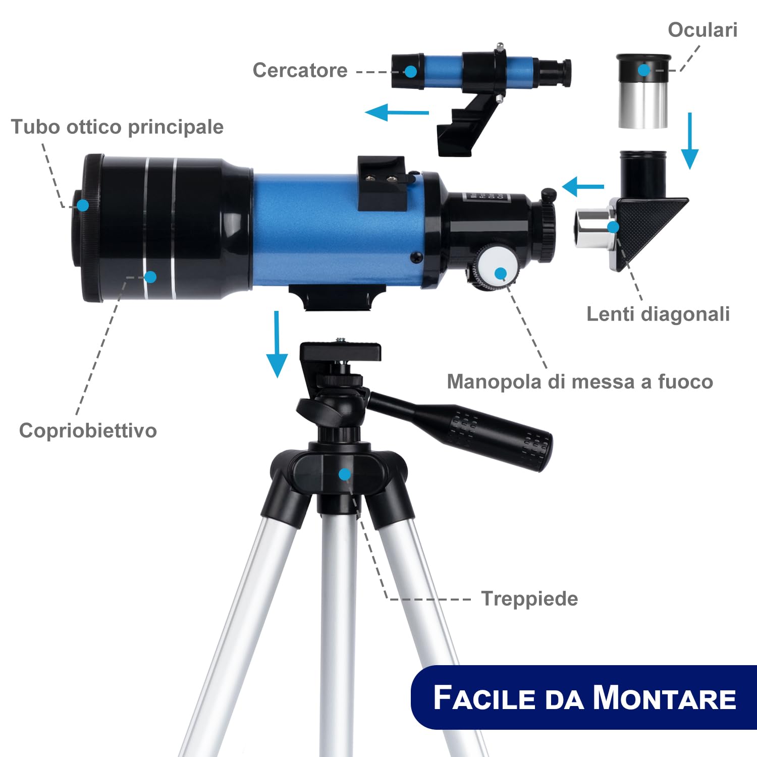 ESAKO Telescopio per Bambini e Principianti, Astronomico Rifrattore da 70 mm con 3 Oculari, Treppiede Regolabile e Adattatore per Telefono