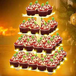 4 Tier Cake Stand, Cupcake Stand with Light String (Yellow light) Muffin Cake Dessert Display Tower Clear Acrylic Donut Cake Holder Pastry Stand for Birthday, Wedding, Party, Bakery Décor, Buffet