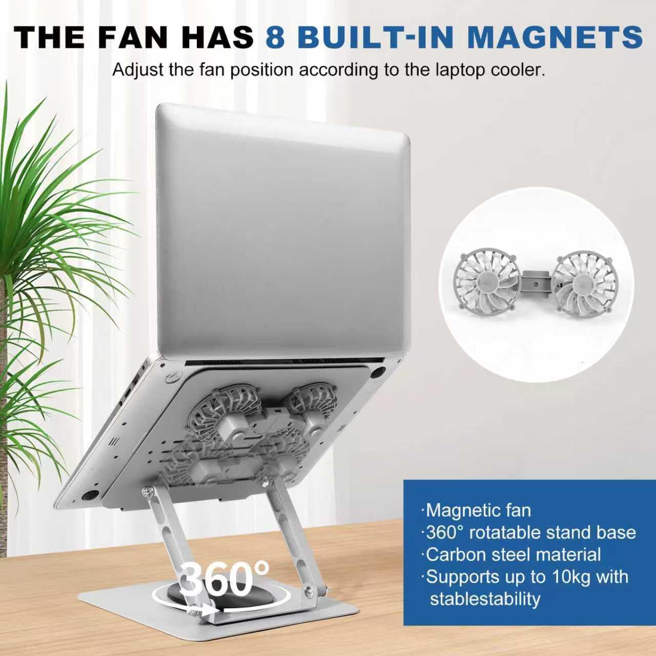 Laptop Cooling Pad with 2 Detachable Fans& Cooler, Adjustable Height & Angle Laptop Cooling Stand, 360 Rotation Base, Carbon Steel Framework, Ultra-Quiet & Super Sturdy for 10-17.3in Laptop