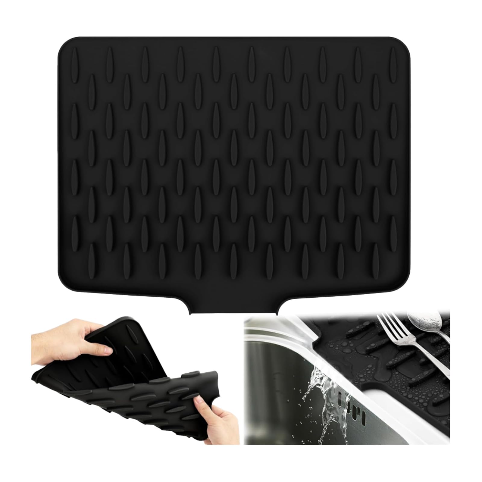 Food-Grade Silicone Dish Drying Mat (Draining Board Mats) - Multi-Functional Non-Slip Heat-Resistant Draining Pad for Kitchen Sink, Dishes, Utensils & Countertop Organization (Black)