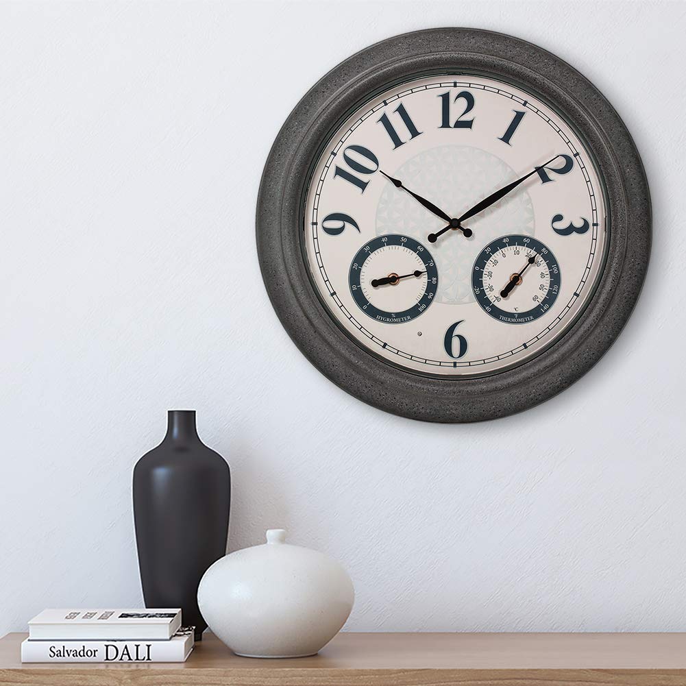 PresenTime & Co 18" Indoor / Outdoor Luminous Farmhouse Wall Clock with Thermometer & Hygrometer, Quartz Movement -Gray Stone Finish, Bright Warm Light