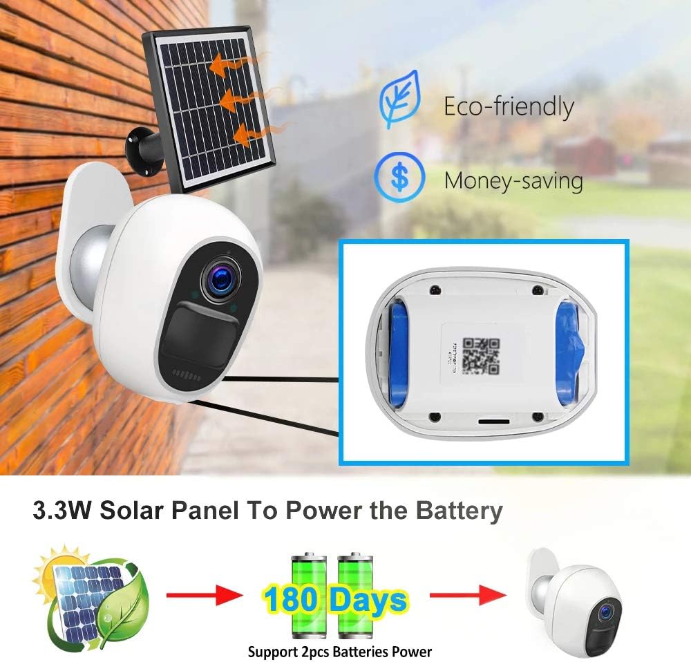 EVERSECU Outdoor Solar-Powered Wireless Security Camera, with Rechargeable Battery-Operated 2.4Ghz WiFi 1080P Home CCTV Surveillance Camera, PIR Motion Detection, 2-Way Audio, Night Vision Waterproof