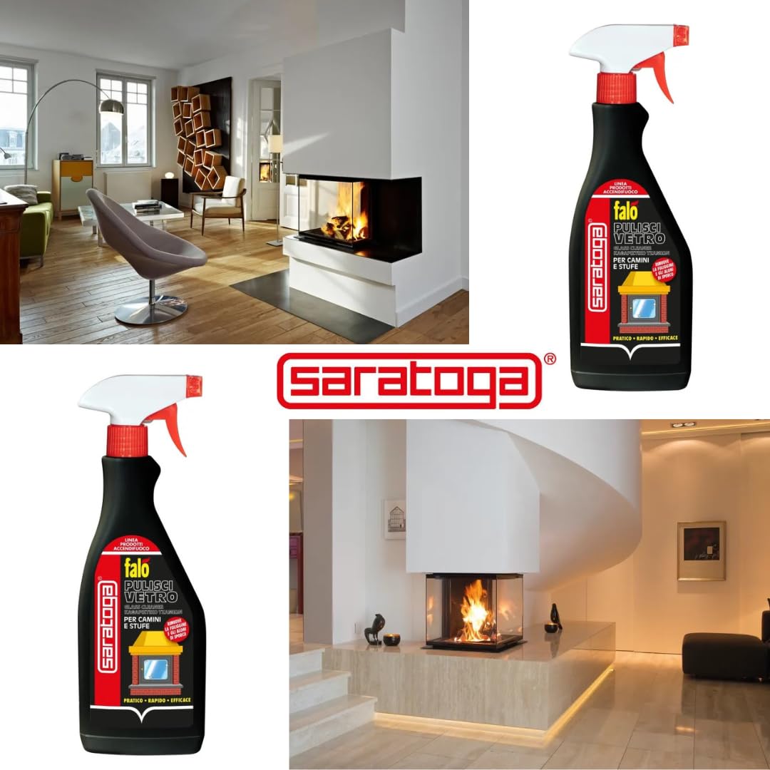 Saratoga Falò Pulisci Vetro, Detergente Potente Anti-Fuliggine per Camini e Stufe, Rimuove Patina di Fumo e Incrostazioni, Vetro Brillante in Pochi Secondi con Accendino GM, 500ml (3, PZ)