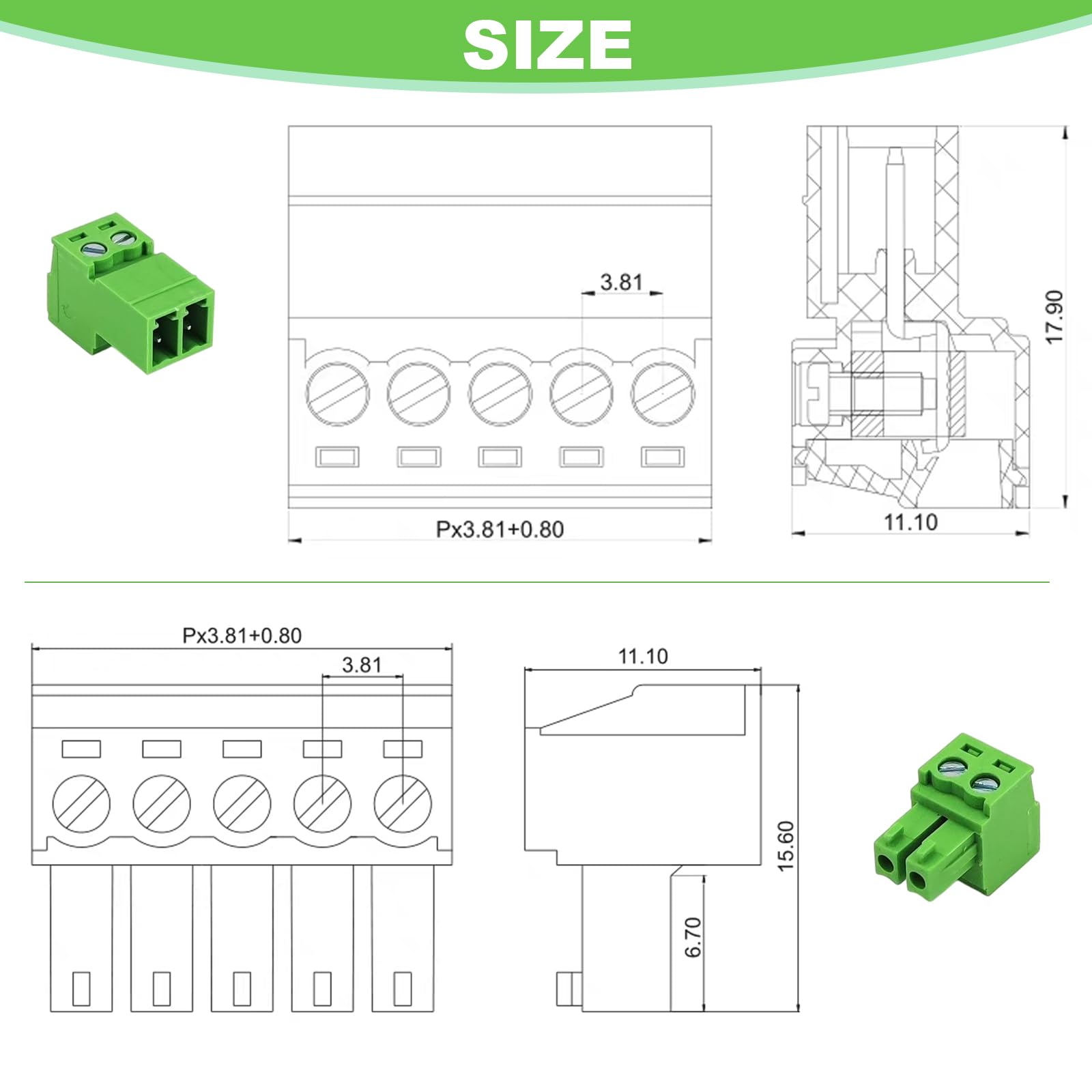 Zestaw 2 pinów 3,81 mm / 0,15 cala 2 piny, bezlutowe połączenie wtykowe, 28-16 AWG PCB montaż zacisk śrubowy (8 pinów (2 zestawy))