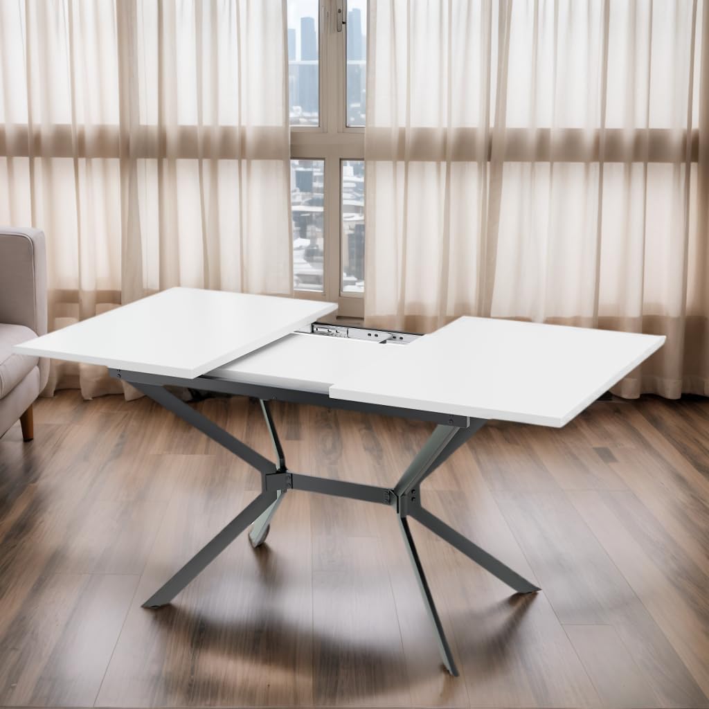 Soweiz Mesa de comedor extensible blanca de 120/160 x 80 x 75 (cm), patas de metal negro, mesa de comedor rectangular blanca, adecuada para cuatro a seis personas