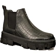 WOMENS CHUNKY FLAT FASHION PLATFORM SOLE CHELSEA SLIP ON ANKLE BOOTS SHOE