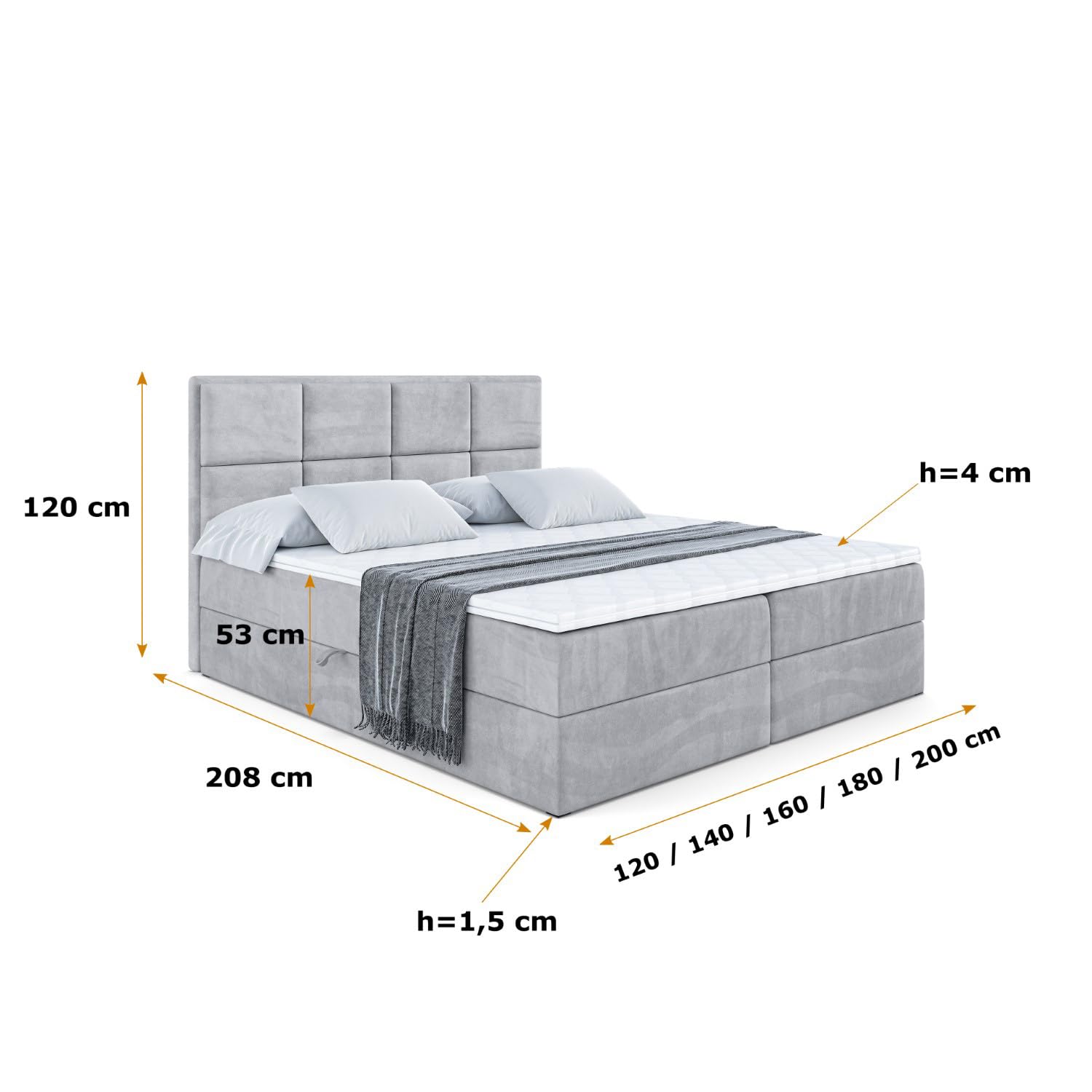 ALTDECOR Boxspringbett mit H3-Matratze NOVA - 180x200 - Grau | Lattenrost, Topper, Boxspringbett mit Bettkasten, Bett mit Stauraum, Doppelbett, Polsterbett