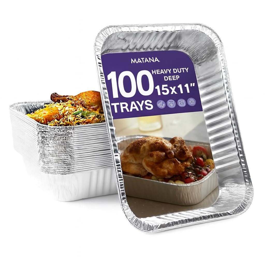 MATANA 100 Large Aluminium Foil Trays – 37×27 cm (5000 ml) | Heavy-Duty Roasting & Baking Pans – Sturdy, Disposable or Reusable Food Containers, Oven & Freezer Safe