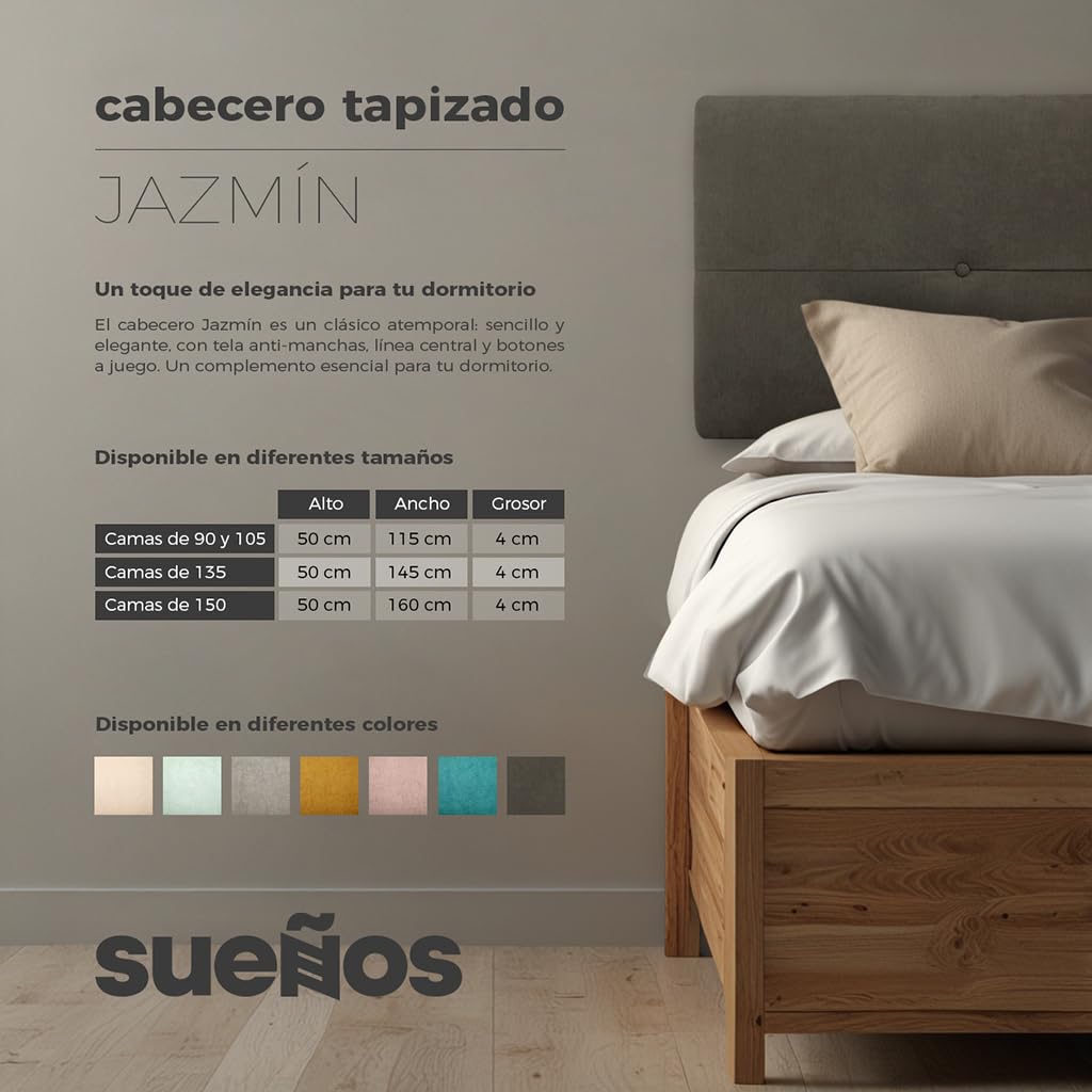 SUENOSZZZ - Cabecero de Madera Jazmin, tapizado Acolchado, en Tela Rio17 Color Turquesa Cabeceros Madera para Dormitorio | Cama Matrimonio | Cama Juvenil | Camas de 135 cm, 140 cm, 150 cm, 160 cm