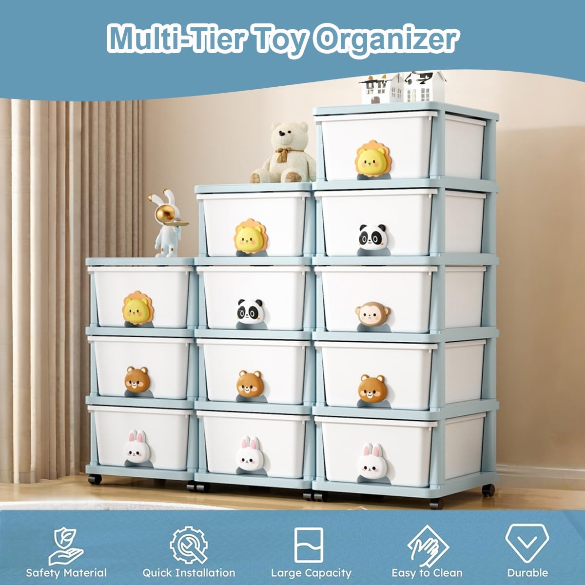 4-Tier Toy Storage Organizer with Wheels, Large Toy Chest with 8 Drawer, Cartoon Design Storage Bin for Kids Bedroom, Nursery, Kindergarten, Daycare Classroom