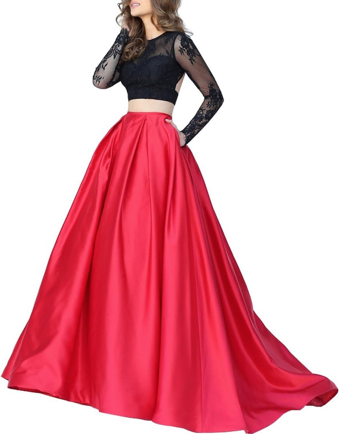 Illusion Lace Two Piece Prom Evening Cocktail Dress with Sleeves CU016 Black and Red