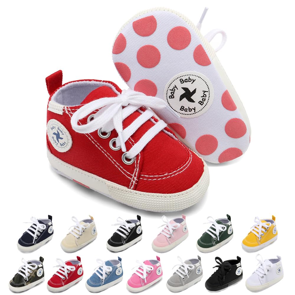 Baby Girls Boys Shoes Soft Anti-Slip Sole Newborn First Walkers Star High Top Canvas Denim Unisex Infant Sneaker (A01-Red, 0-6 Months)