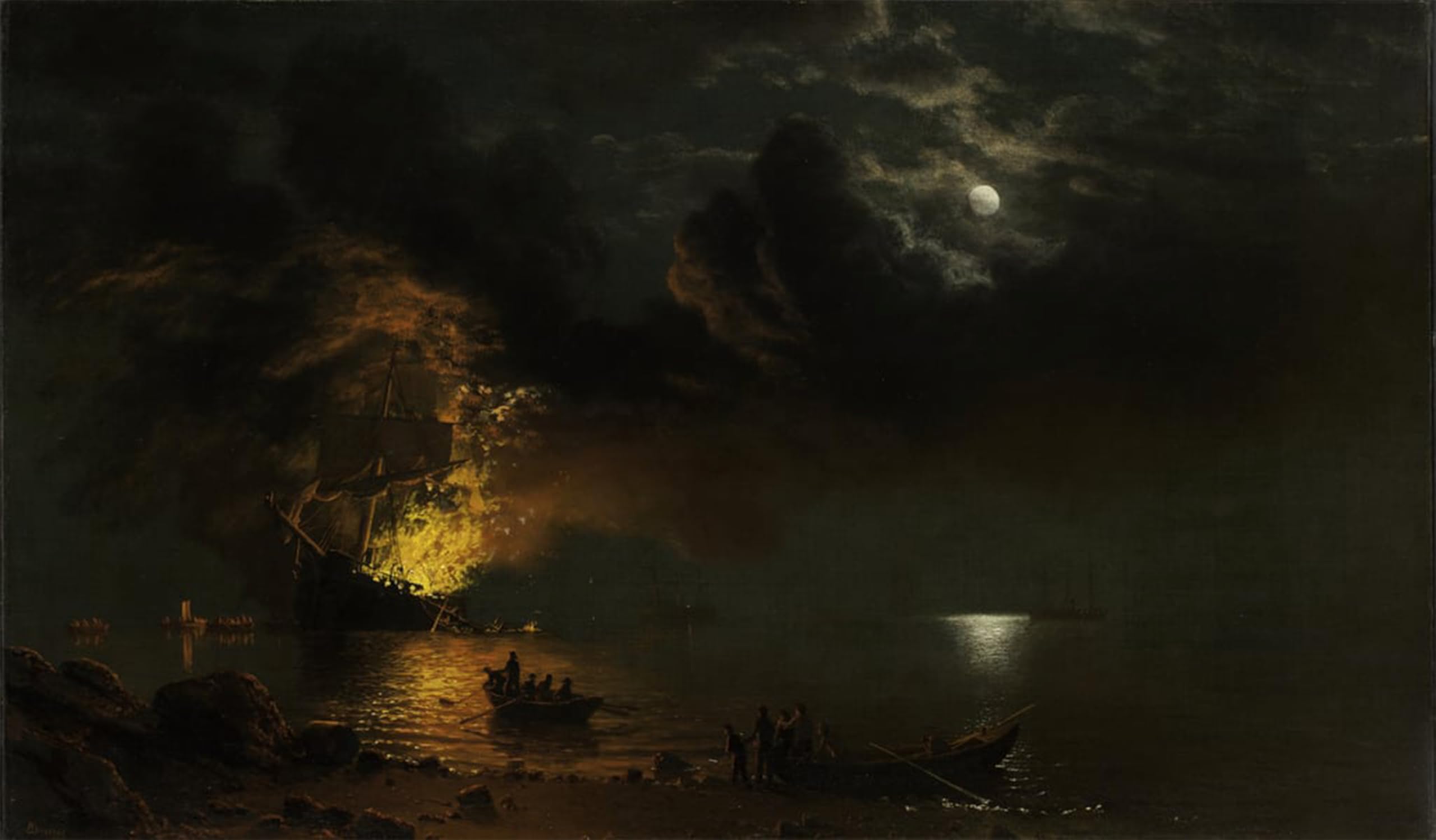 ARTXLXXBN Famous Print Painting Colorful Art Print The Burning Ship by Albert Bierstadt Canvas Art Decorations for Home Decor 60x90cm