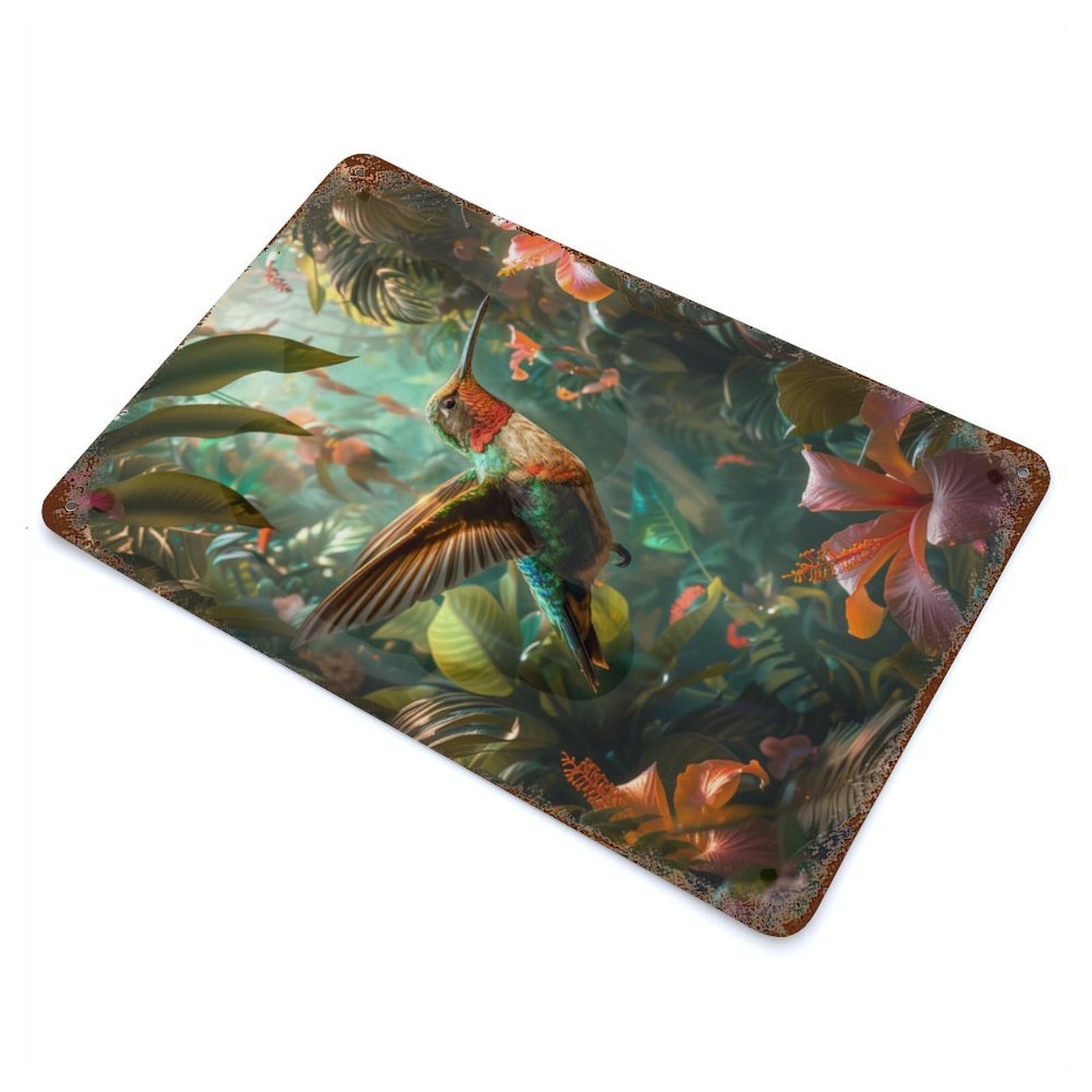 Decorative Tin Sign Tropical Hummingbird 11.8"x7.9", Decorative Metal Wall Art for Garage, Bar And Workshop Decor