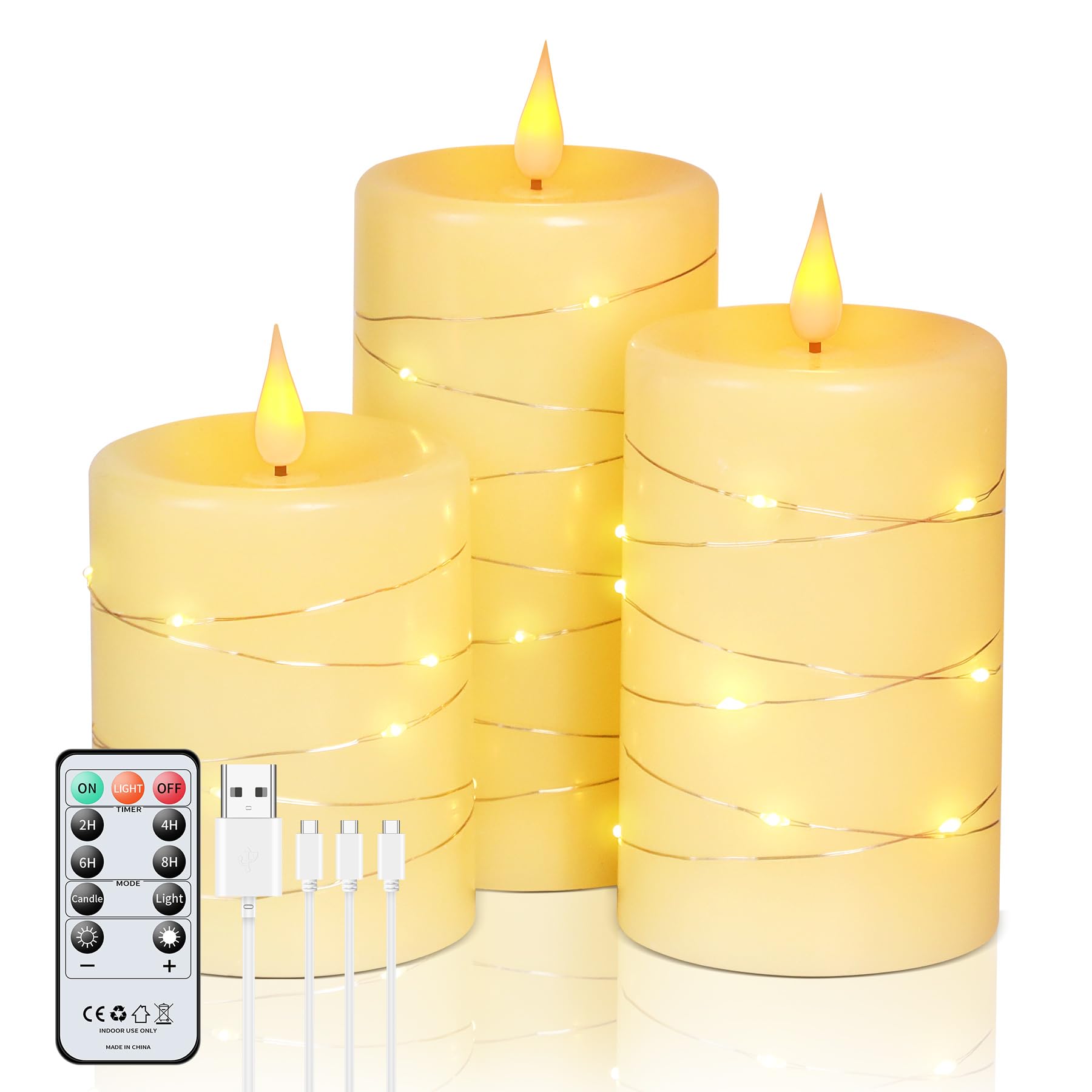 Forever Speed Candele LED Ricaricabili 3 Pezzi con Telecomando, 1000mAH Candele Led Fiamma Oscillante con Luci a Stringa Incorporate Dimmerabile per Decorazione per Feste, Campeggio, Matrimonio