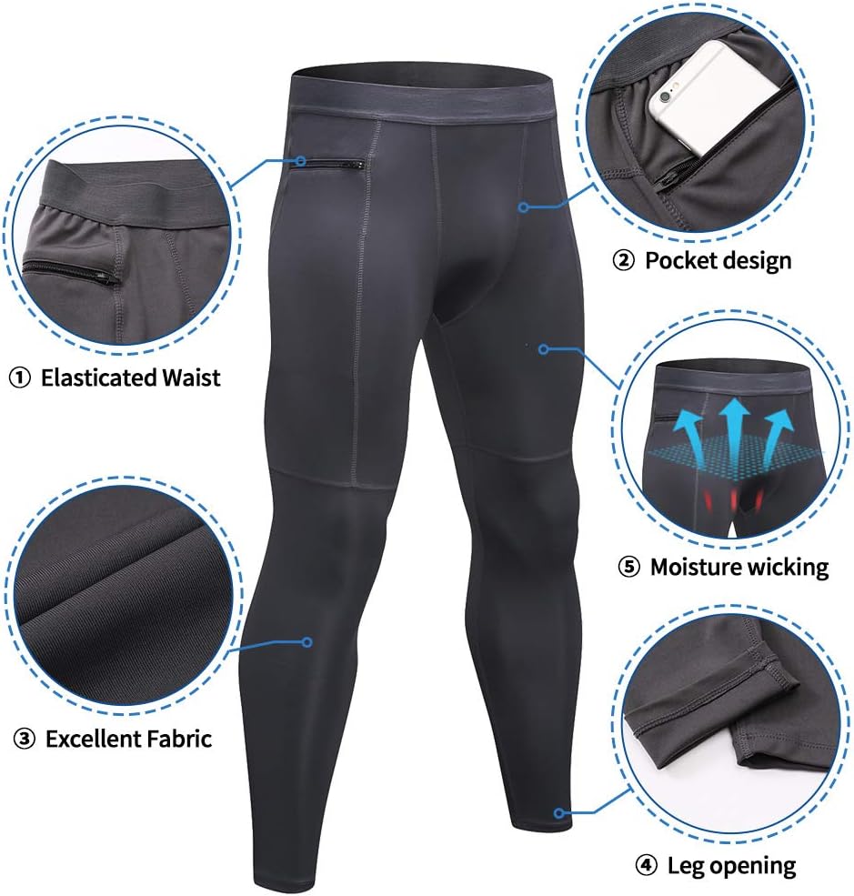 Men's Compression Pants Workout Athletic Leggings Running Gym Tights with Pockets