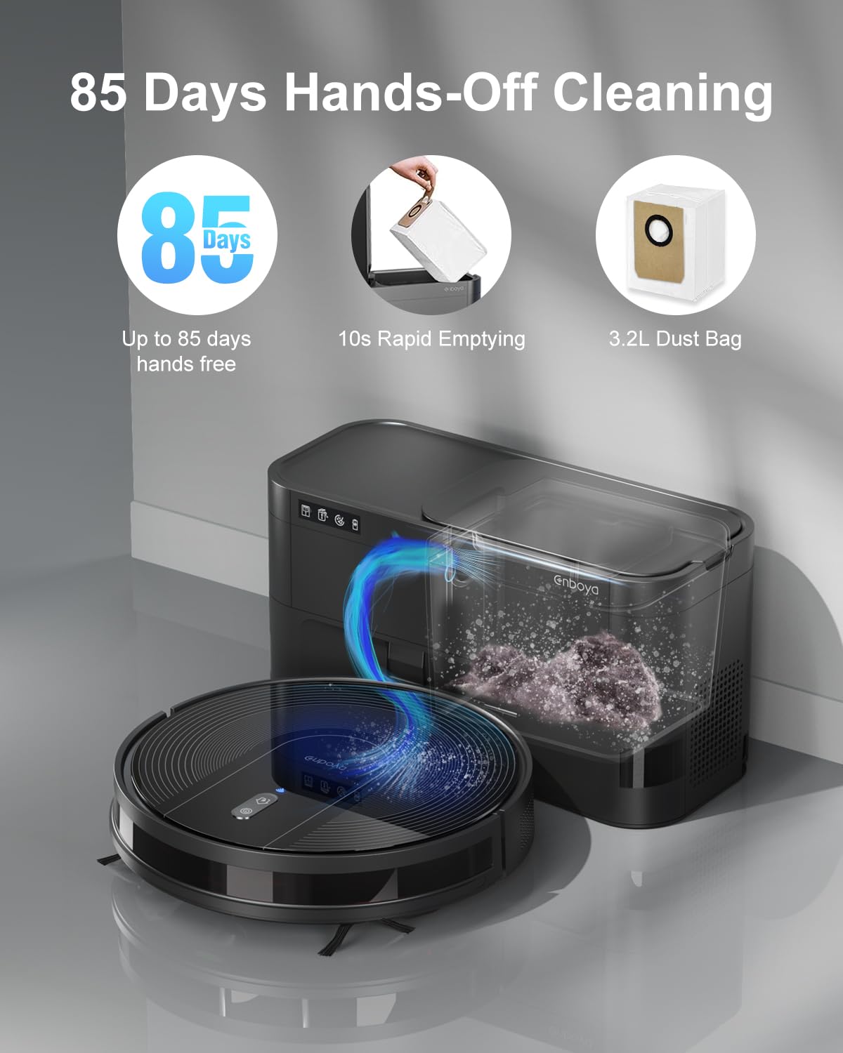 Kewbily Robot Vacuum Cleaner with Self-Emptying Base – 9000Pa Suction, 85 Days of Dust Storage, Wi-Fi/App/Alexa Control – Ideal for Hard Floors, Low Carpets, and Pet Hair