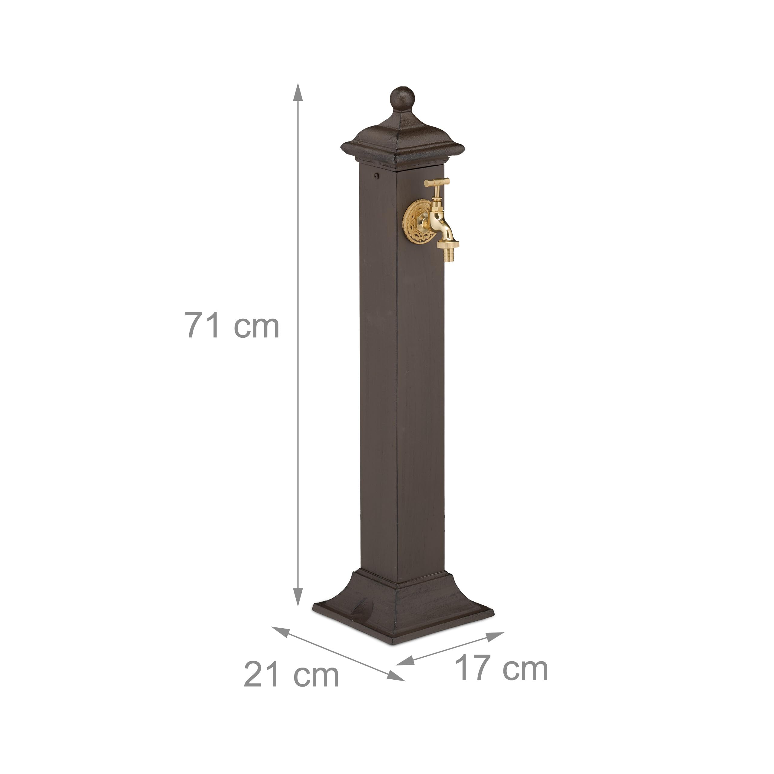 Relaxdays Fontana da Giardino in Stile Antico, Fontanella a Colonna con Rubinetto Acqua, HLP: 71x17x21 cm, Marrone Scuro
