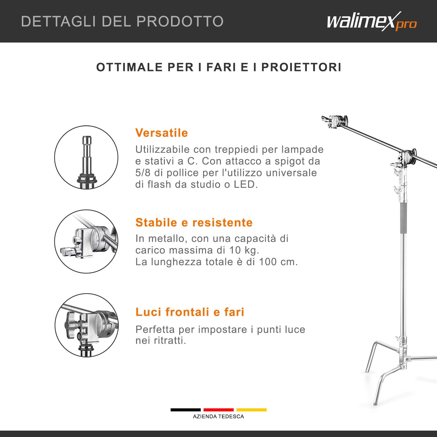 Walimex Pro Giraffe Treppiede Con 2 Morsetti A Vite – Asta Da 100 Cm, Carico 10kg, Per Lampade E Traverse Da Studio! - 2