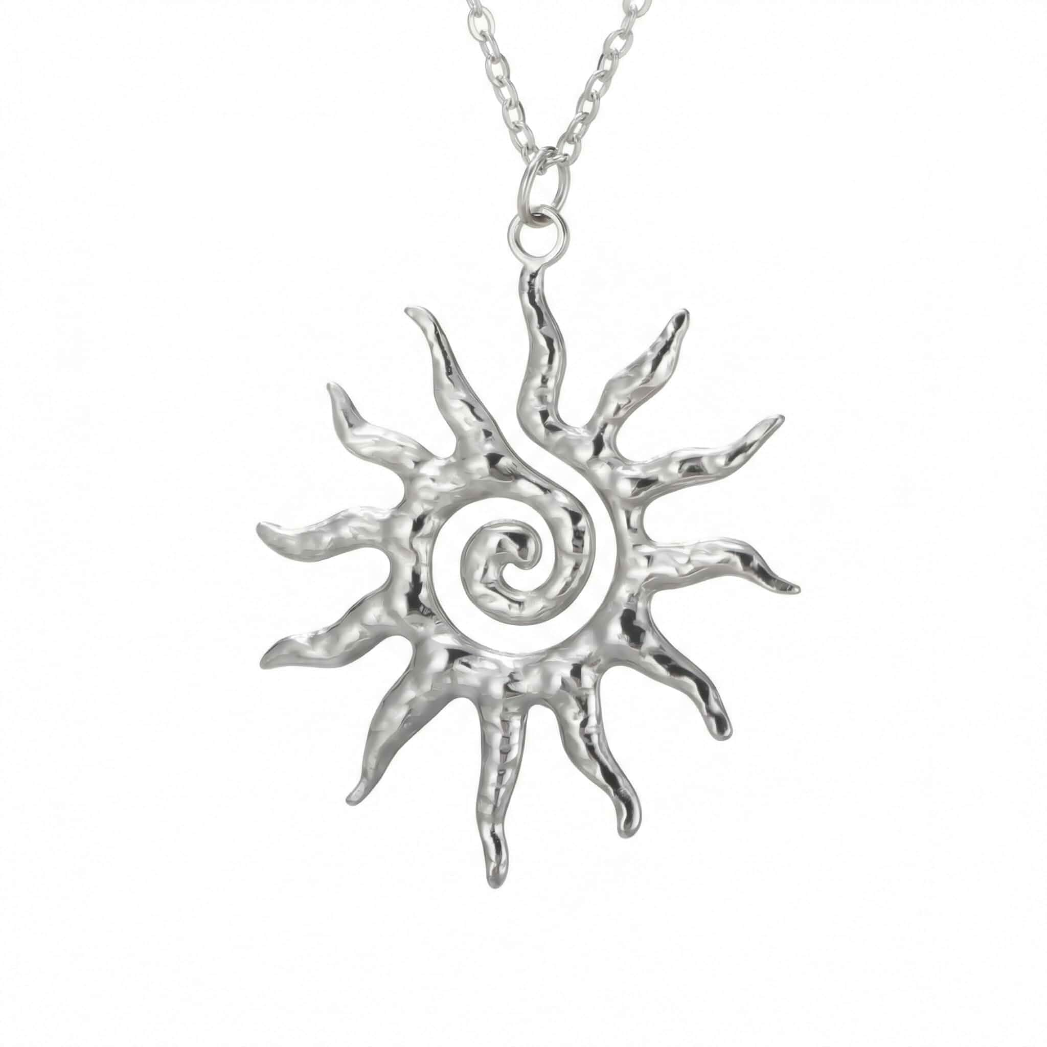Sun Necklace Silver Boho Vintage Pendant Jewelry for Women Aesthetic Unique Spiral Layered Handmade Fashion Accessory Chic Minimalist Everyday Stylish