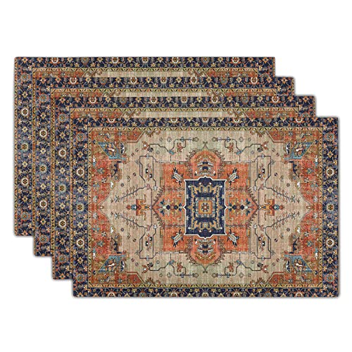 Image of Aztec Terracotta Boho Placemats Set of 4 Vintage Rust Retro Carpet Linen Washable Kitchen Dining Table Mats Stain Heat-Resistant Desktop Decor Place Mats for Home Party Indoor 12x18 in