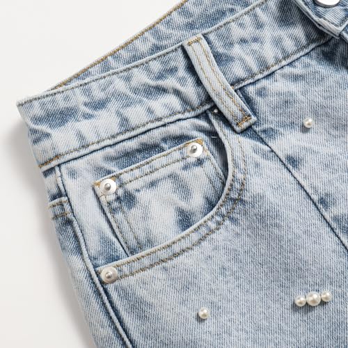 Women's High Waist Straight Jeans Pearl Loose Wide Leg 2025 Casual Light Blue Lace Jeans for Women4