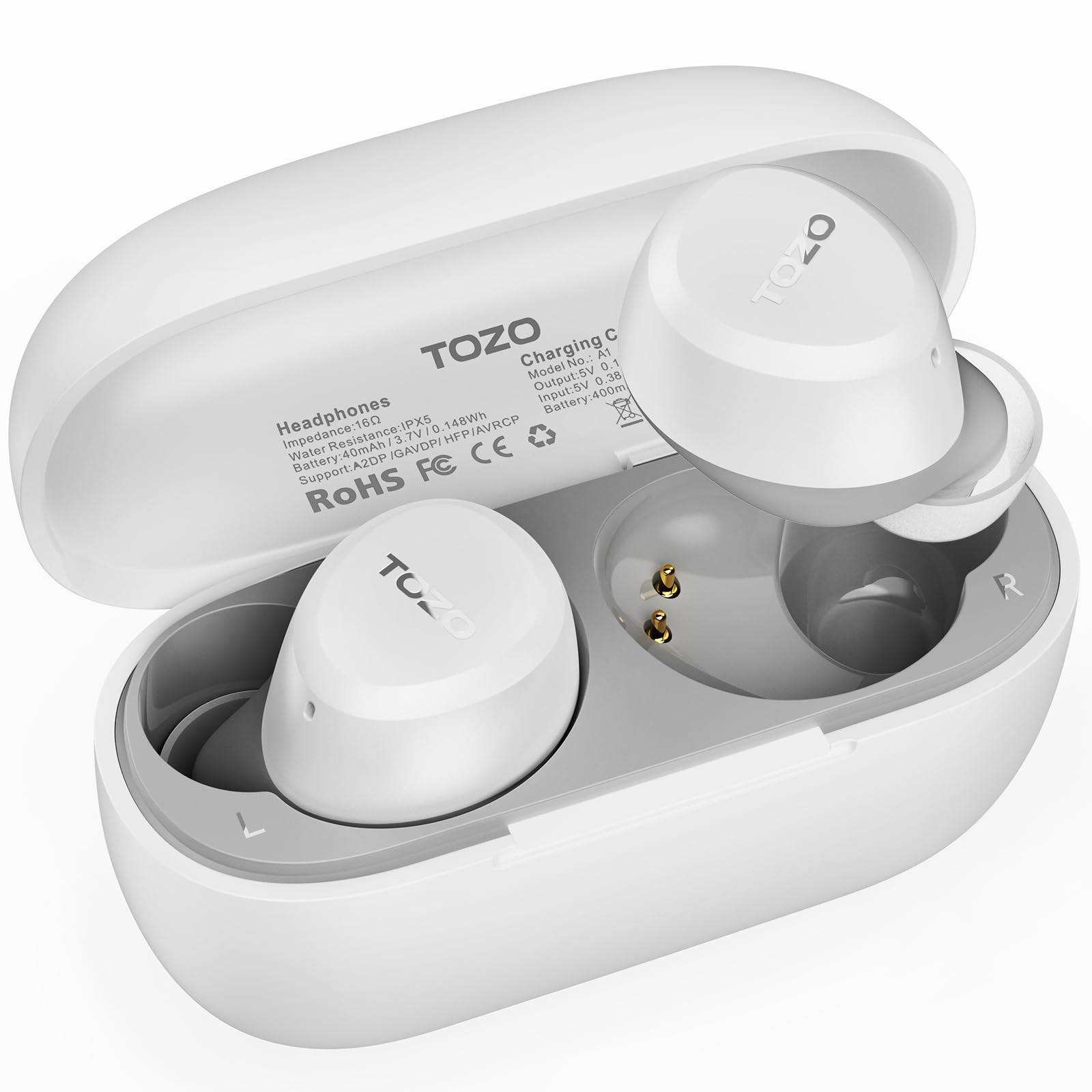 TOZO A1 2024 New Upgrade Wireless Earphones, Bluetooth 5.3 Ear Headphones Light-Weight, Support APP EQ Setting, Stereo Sound Headset Long Time Playback with Charging Case, Waterproof, White