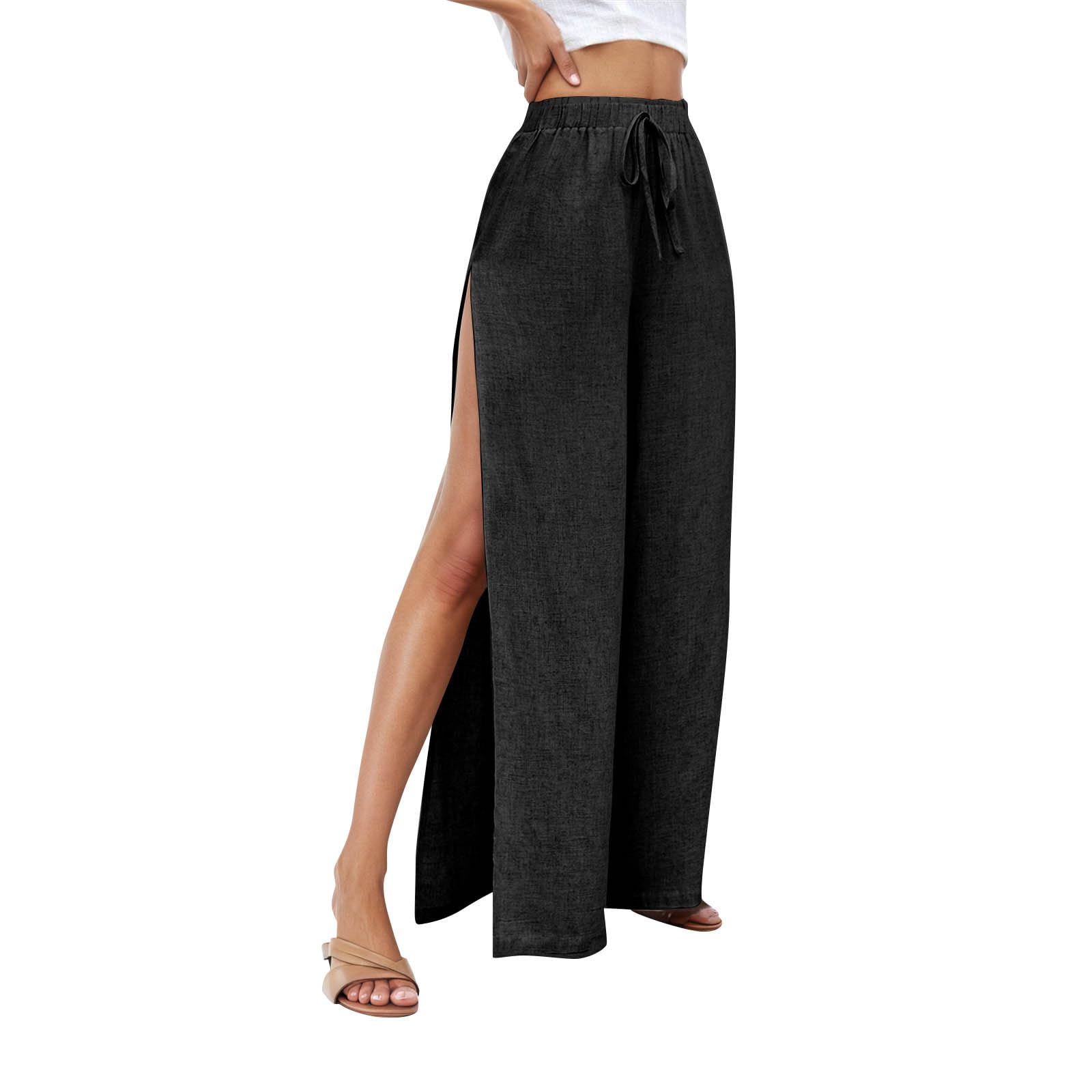 Linen Pants for Women Beach Wide Leg Side Split Ankle Palazzo Pants Drawstring Elastic Waist Summer Flowy Trousers