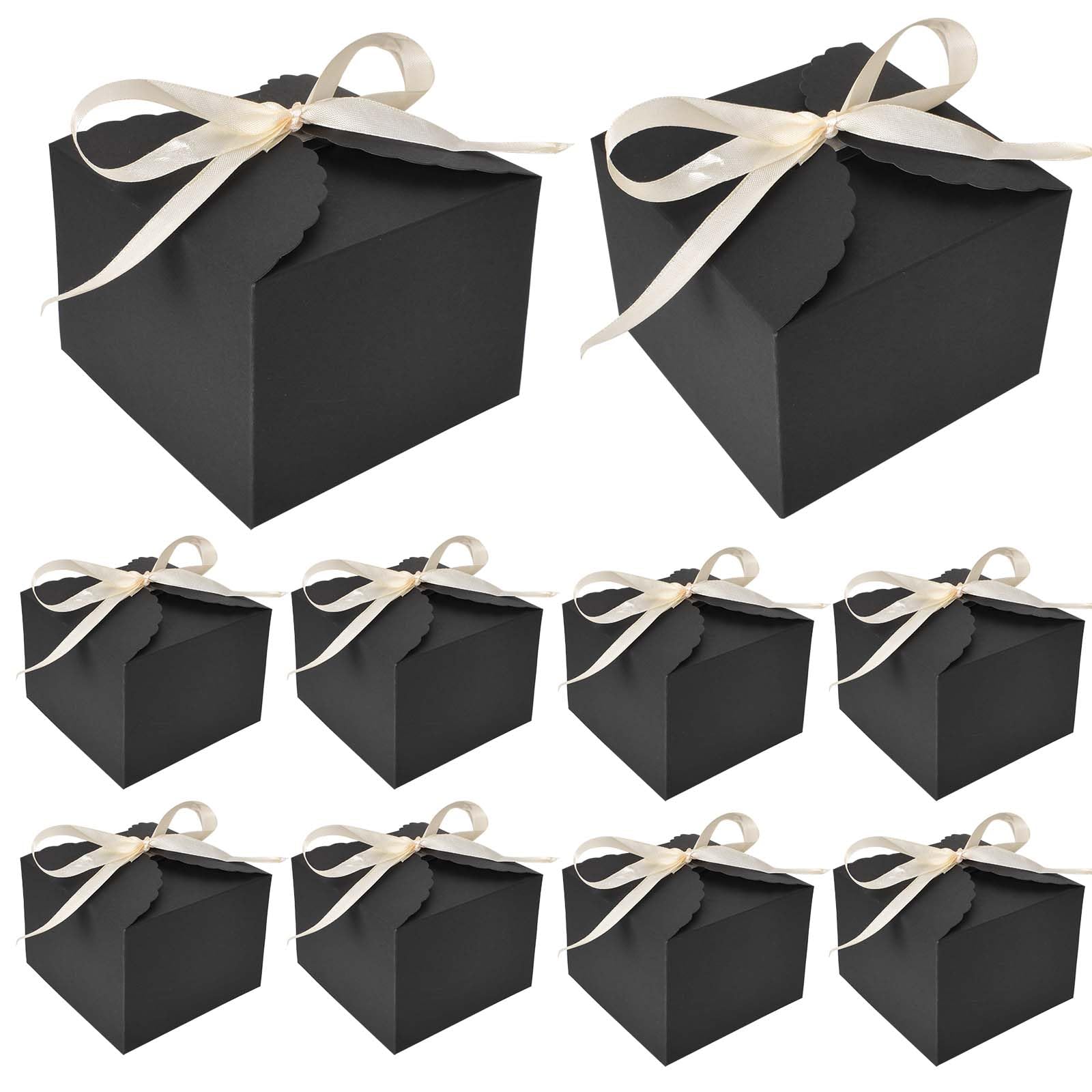 10 Gift Boxes with 10 Ribbons, 12 x 12 x 9 cm, Wedding Candy Boxes, Wedding Gift Boxes, Diy, Suitable for Gift Packaging, Birthday Gifts, Holiday Gifts, Party Gifts, Cakes, Candies (Black)