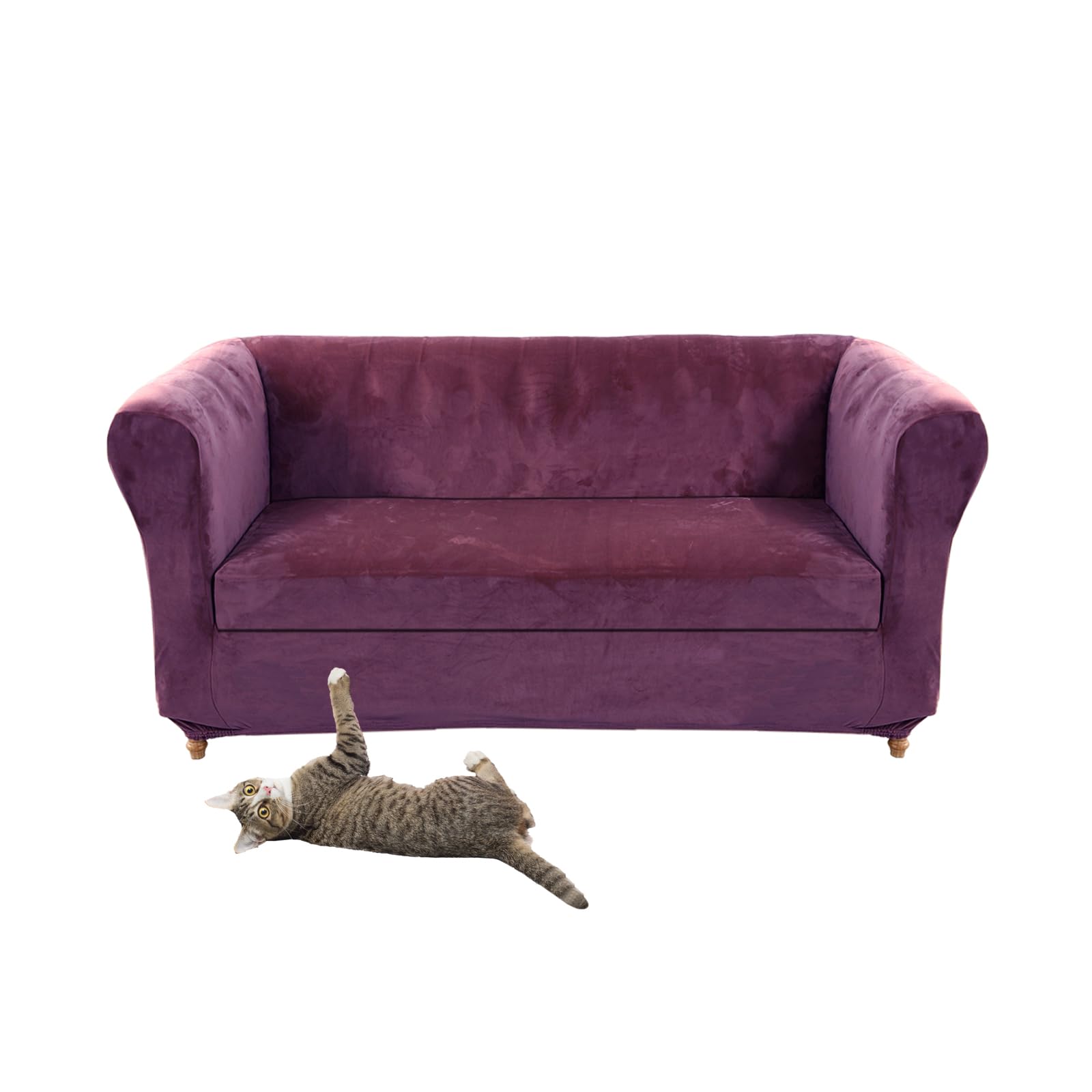 Stretch Velvet Chesterfield Sofa Cover with Seat Cushion Covers for Curved Chaise Armchair Vintage Style (Purple Love + Large 2 Seater 1 Piece)
