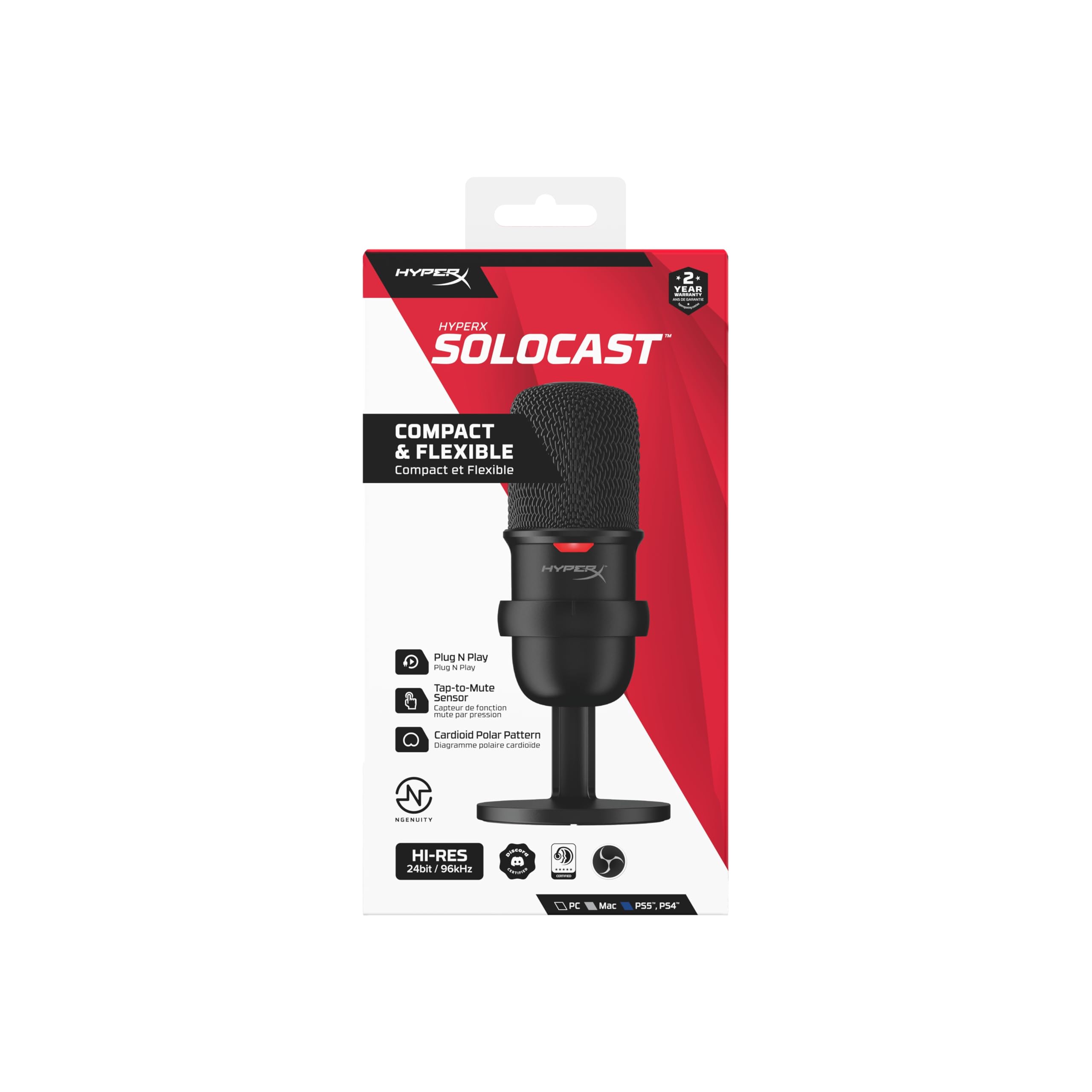 HyperX SoloCast – Microphone de jeu USB à condensateur, pour PC, PS4 et Mac, Désactivation du micro par pression, Diagramme polaire cardioïde, Gaming, Streaming, Podcasts, Twitch, YouTube, Discord