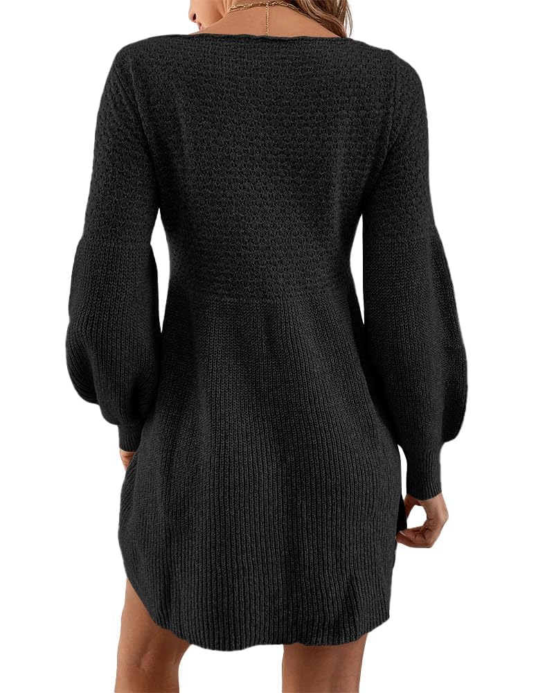Saodimallsu Robe en tricot à col rond pour femme - Manches bouffantes - Taille haute - Robe pull élégante en tricot - Mini robe trapèze