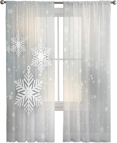 Miniatura 3 de Cortinas semitraslúcidas de Navidad con diseño de copos de nieve de 84 pulgadas de largo, cortinas con filtro de luz y bolsillo para cortinero,