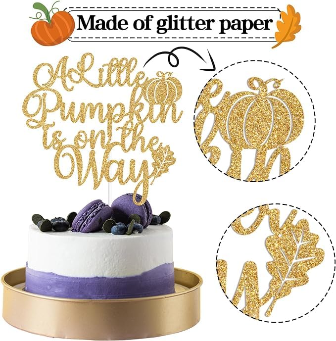 TrifleArte A Little Pumpkin is on the Way Cake Topper | Gold Glitter Cake Topper | Pumpkin Theme Party Cake Decoration | Pumpkin Theme Celebration 2