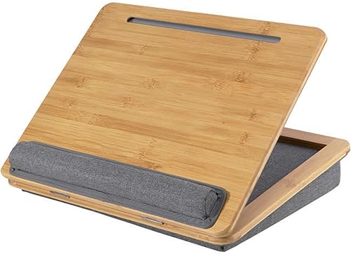 Escritorio ajustable para laptop con cojín, soporte de bambú para laptop con tira antideslizante, soporte para teléfono y tableta, se adapta a hasta