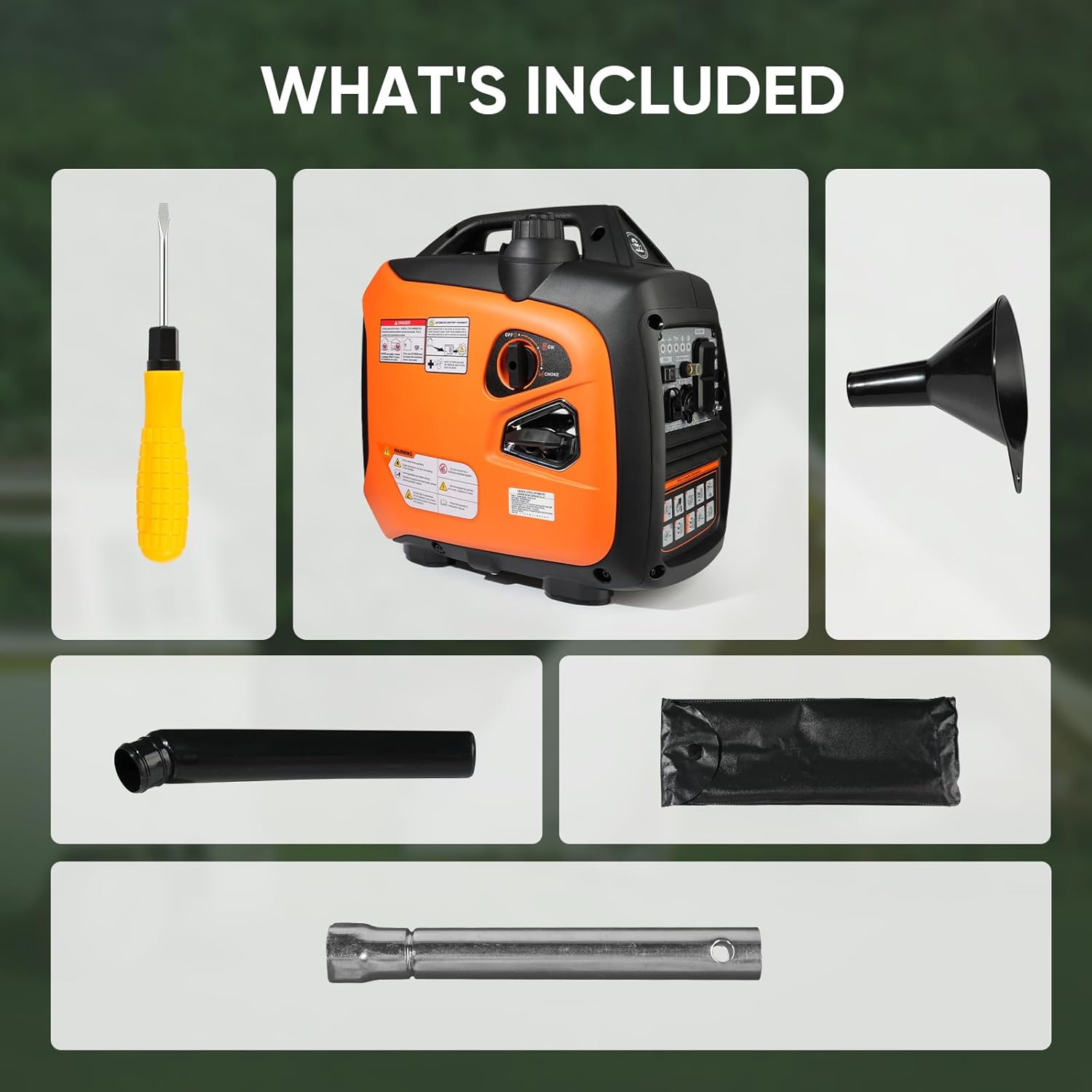 Included accessories: screwdriver, generator, funnel, oil tube, tool bag, socket wrench