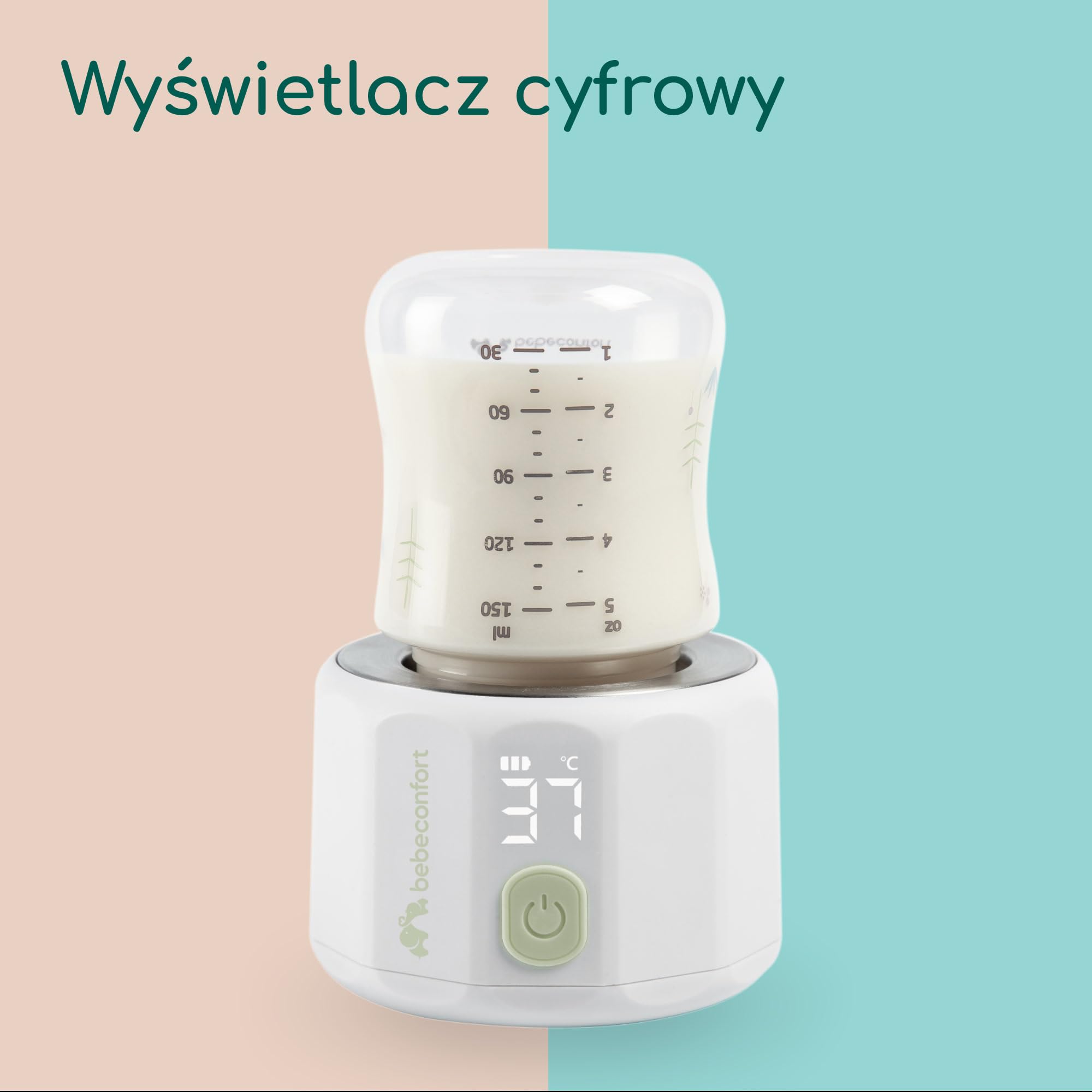 Bebeconfort Pocket Cyfrowy podgrzewacz do butelek, przenośny podgrzewacz do butelek, mały dł. 6,5 x szer. 6,5 x wys. 8 cm, lekki (280 g), cyfrowy wyświetlacz, wytrzymała bateria, regulacja temperatury