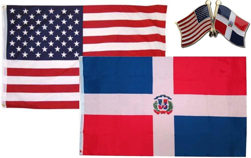 AES Wholesale Combo USA & Dominican Republic Country 2x3 2'x3' Flag & Lapel Pin Fade Resistant Double Stitched Premium Penant House Banner Grommets
