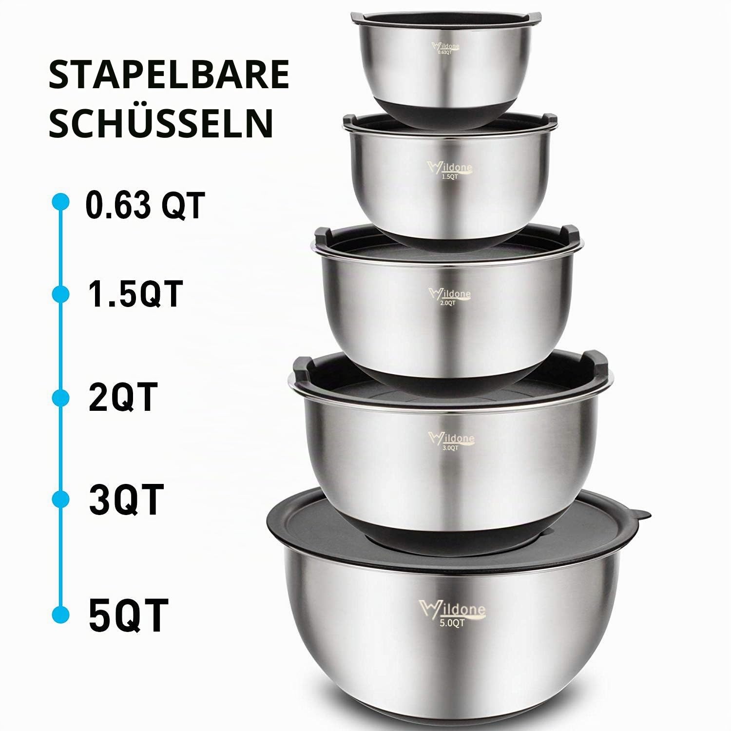Rührschüsseln 5er-Set, Wildone Edelstahl mit luftdichten Deckeln, 3 Reibenaufsätzen, Messmarken und rutschfesten Böden, Größe 5, 3, 2, 1,5, 0,63 QT, ideal zum Mischen und Servieren