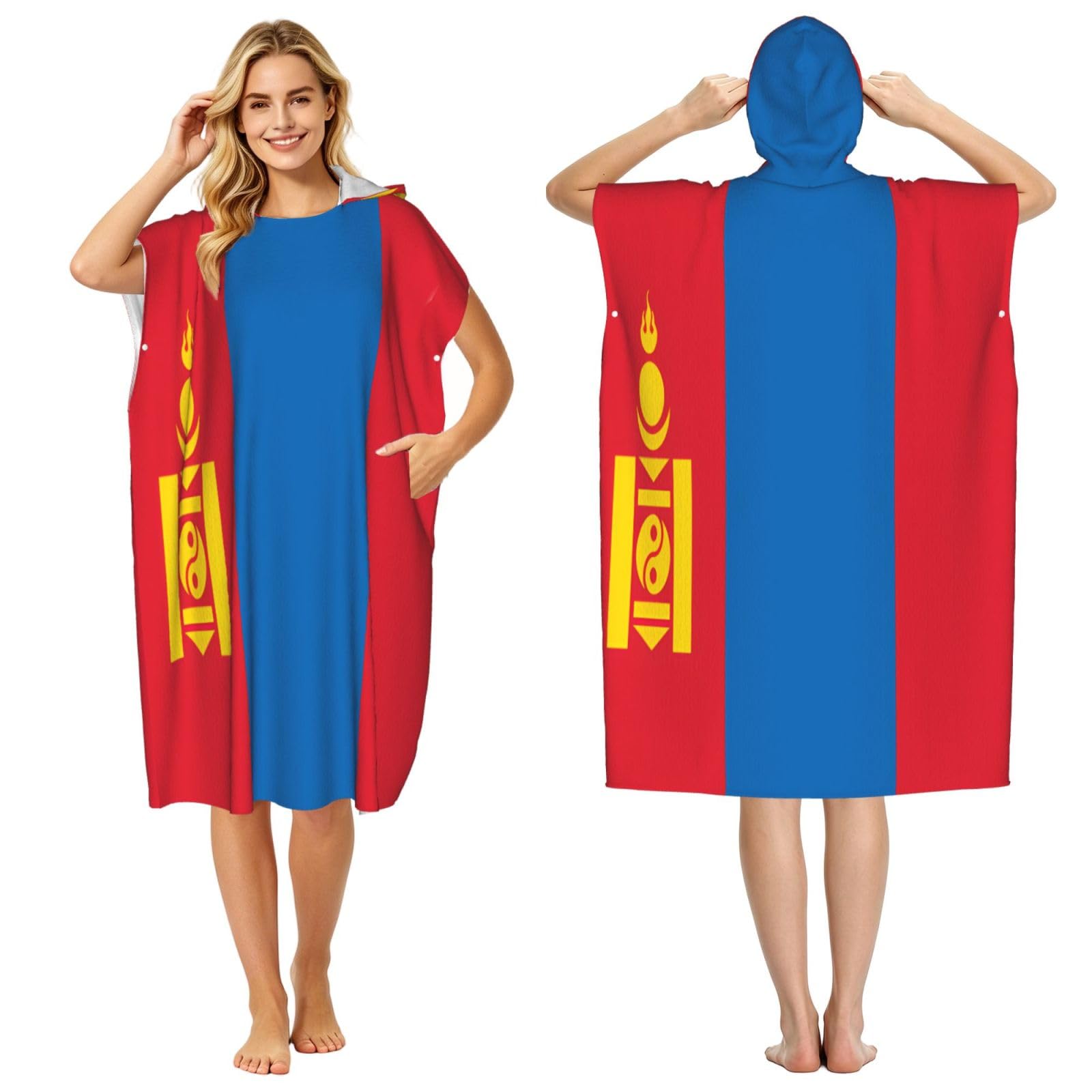 KLGRTJHK Mongolian Flag Adult Hooded Beach Poncho Towel 43"X35"