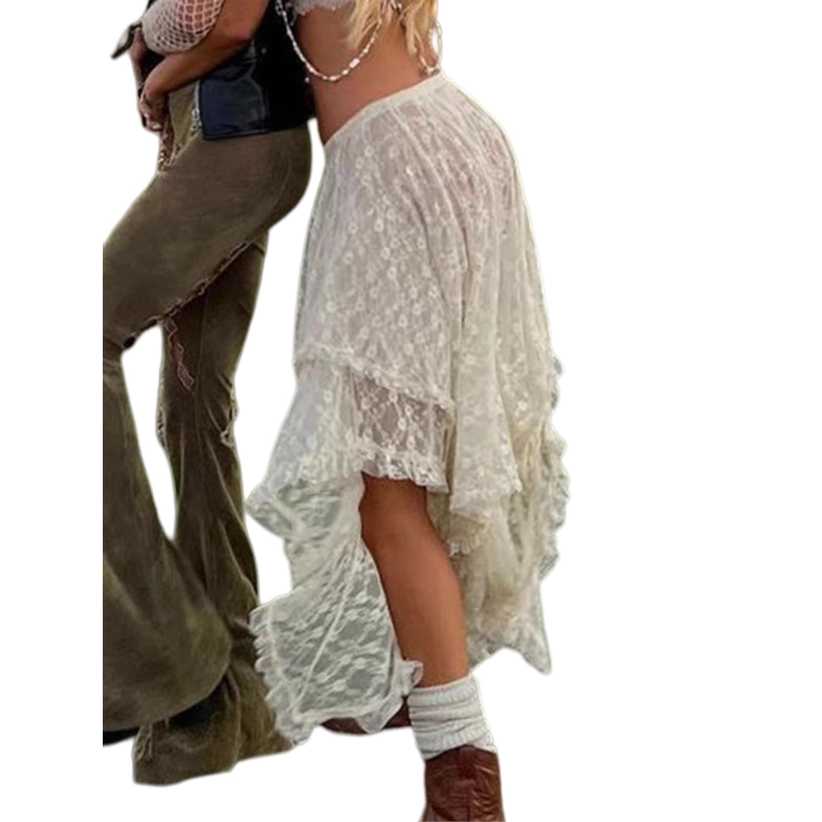 Abito Donna Pizzo Asimmetrica Midi Gonna Fairycore Boho Alta Vita Ruffle, Gonna-Beige-Waist Size 25 20" Skirt Length 31 50"
