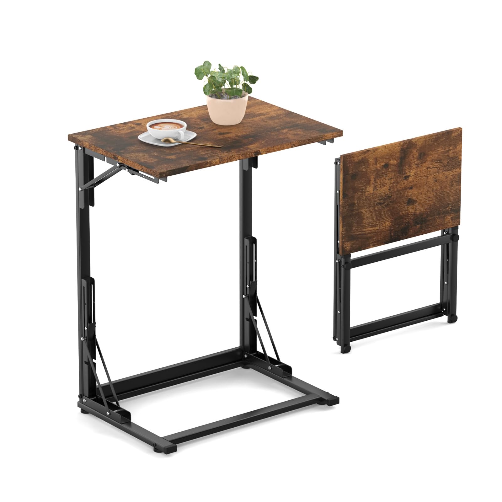 C-Shaped End Table, Folding TV Tray Table, Sofa Table with Metal Frame, 14.2 x 20.6 x 26.8 Inches, for Living Room, Bedroom, Bedside (Rustic Brown)