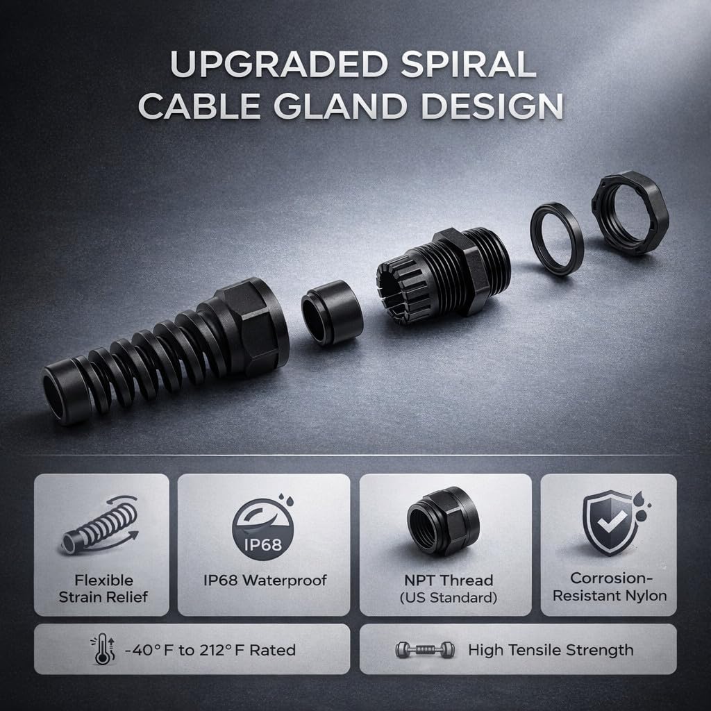 3/4" NPT Flexible Cable Gland, Spiral Pigtail Cord Grip Strain Relief (2-Pack)