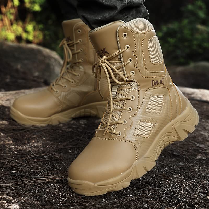Image of Men's Military Tactical Work Boots Side Zipper Leather Motorcycle Combat Boots Desert Combat Men Outdoor Boots for Hiking Climbing