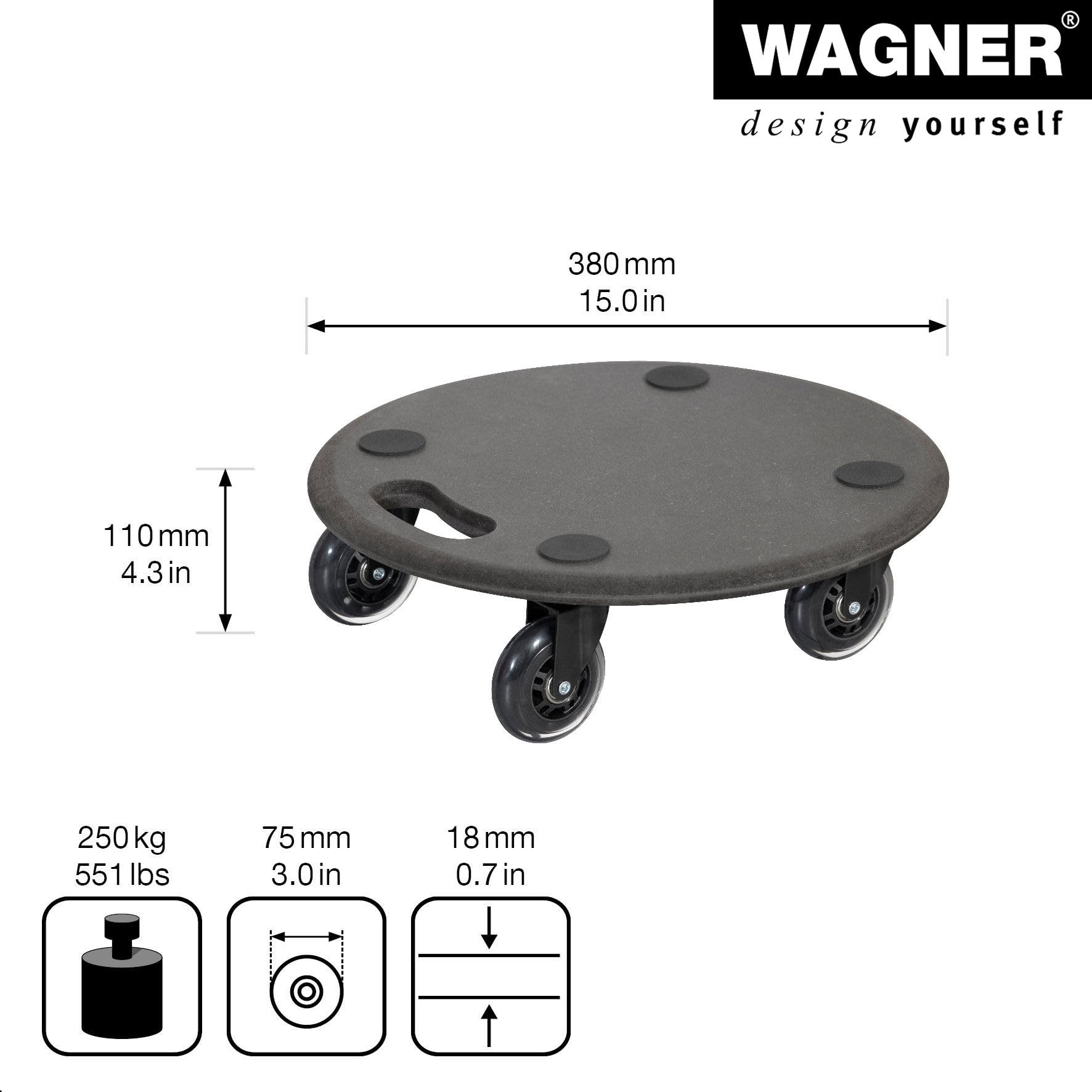 WAGNER Transportroller Transporthilfe 1610 I Plattformwagen schwarz aus MDF I Ø 38 x 11 cm, Tragkraft 250 kg I Möbelroller für Umzüge I Rollbrett rund I Lastenroller mit Tragegriff I FSC®