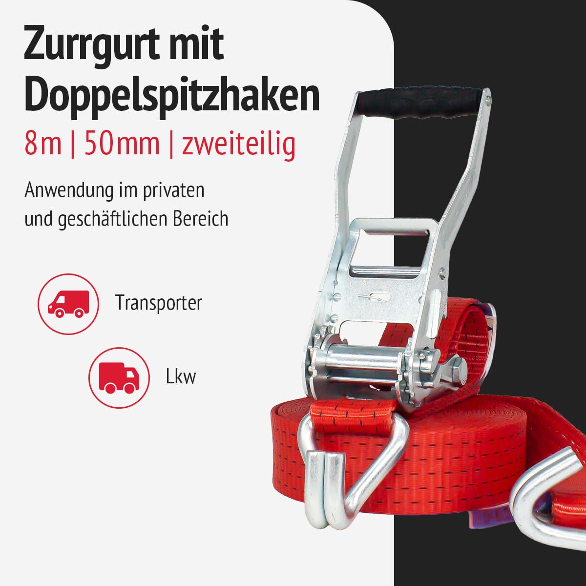 Spanngurt 50 mm | Druckratsche | Länge 8,0m | mit Doppelspitzhaken | 2er Set | STF 350 daN | Farbe rot | Zurrgurt zur Ladungssicherung | für LKW, Anhänger und Kleintransporter (4 Stück)