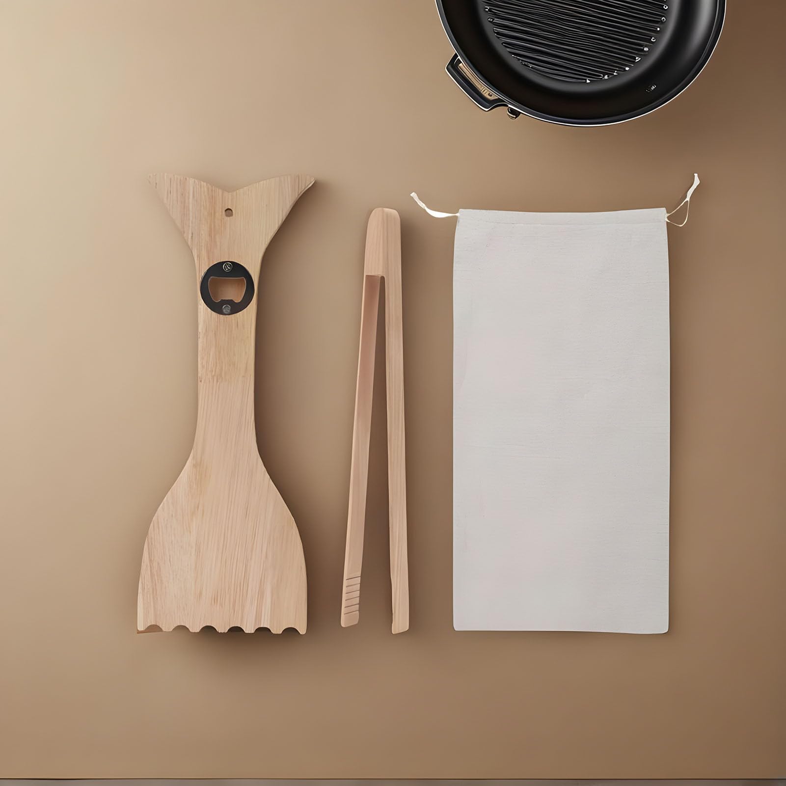 XIAOXIAOYU Rascador de Madera para Parrilla, raspador de Parrilla de Madera Natural para Barbacoa, Herramienta de Limpieza portátil antiarañazos con abridor de Botellas para ahumadores de Parrilla